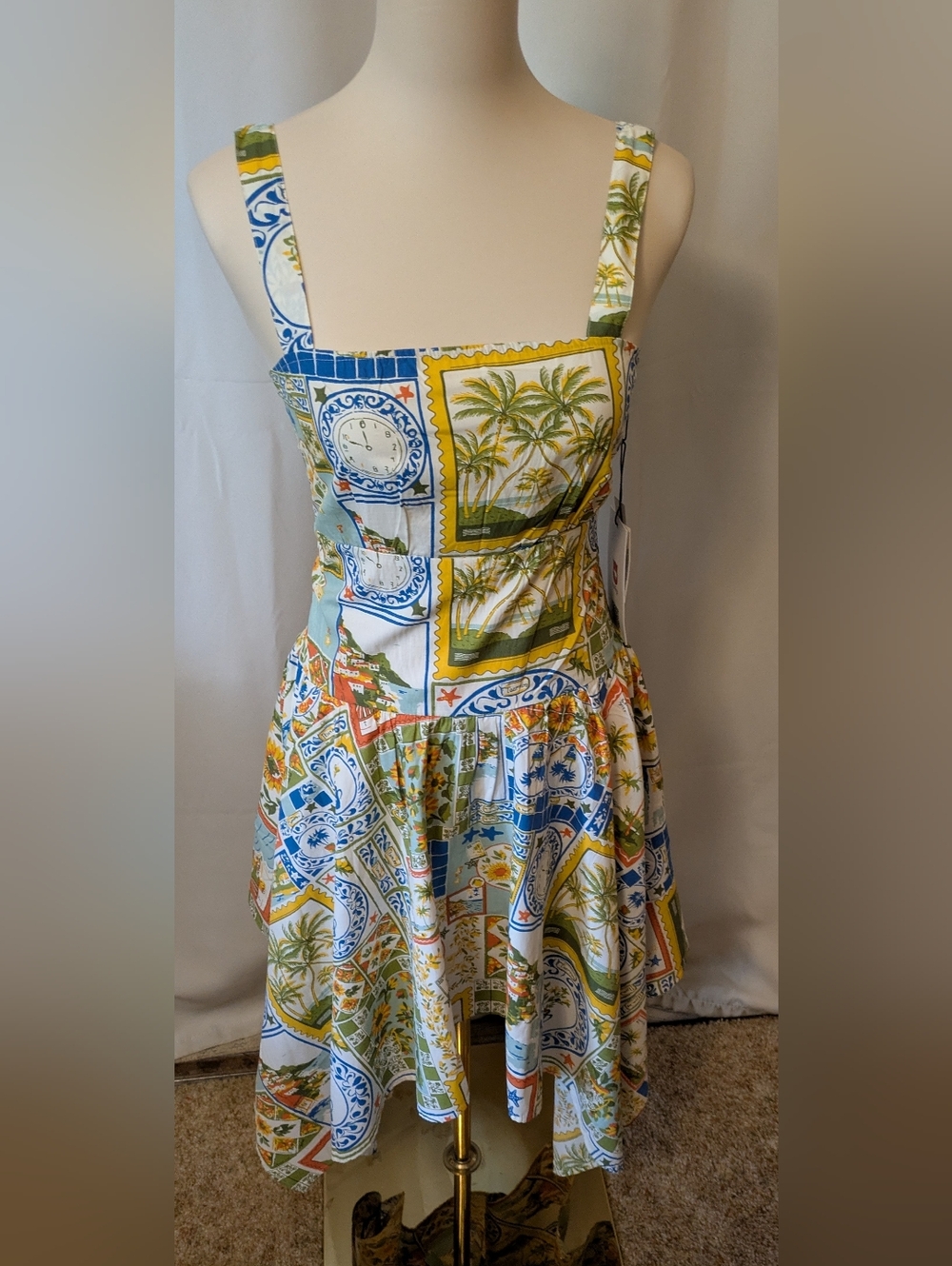 Tropical Stamp Print Sundress in Blue, Yellow & Green NWT